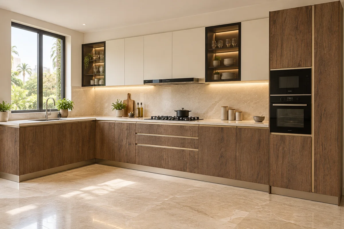 medium brown oak grain and warm ivory L-shaped steel kitchen — AI-generated concept