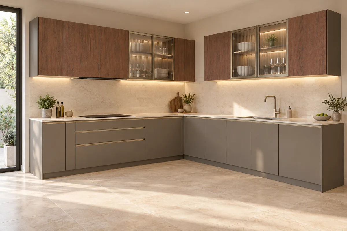 cocoa taupe and muted reddish walnut grain L-shaped steel kitchen — AI-generated concept