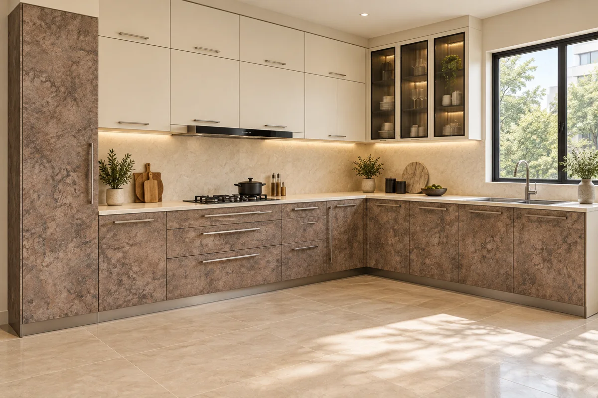 warm taupe stone and warm ivory L-shaped steel kitchen — AI-generated concept