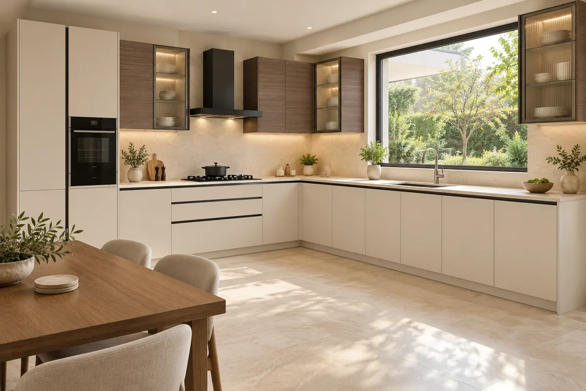 warm ivory and medium brown horizontal woodgrain L-shaped steel kitchen — AI-generated concept