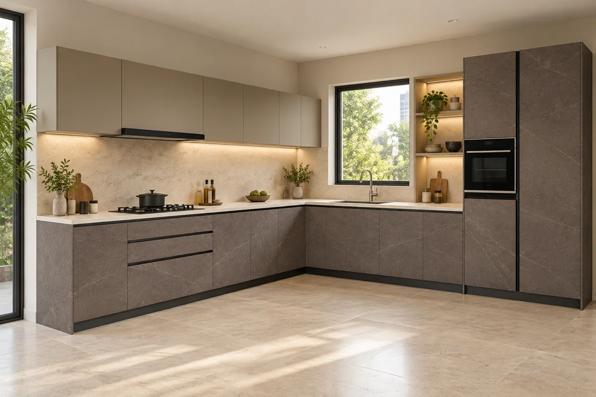 grey-brown fine-veined stone and mushroom taupe L-shaped steel kitchen — AI-generated concept