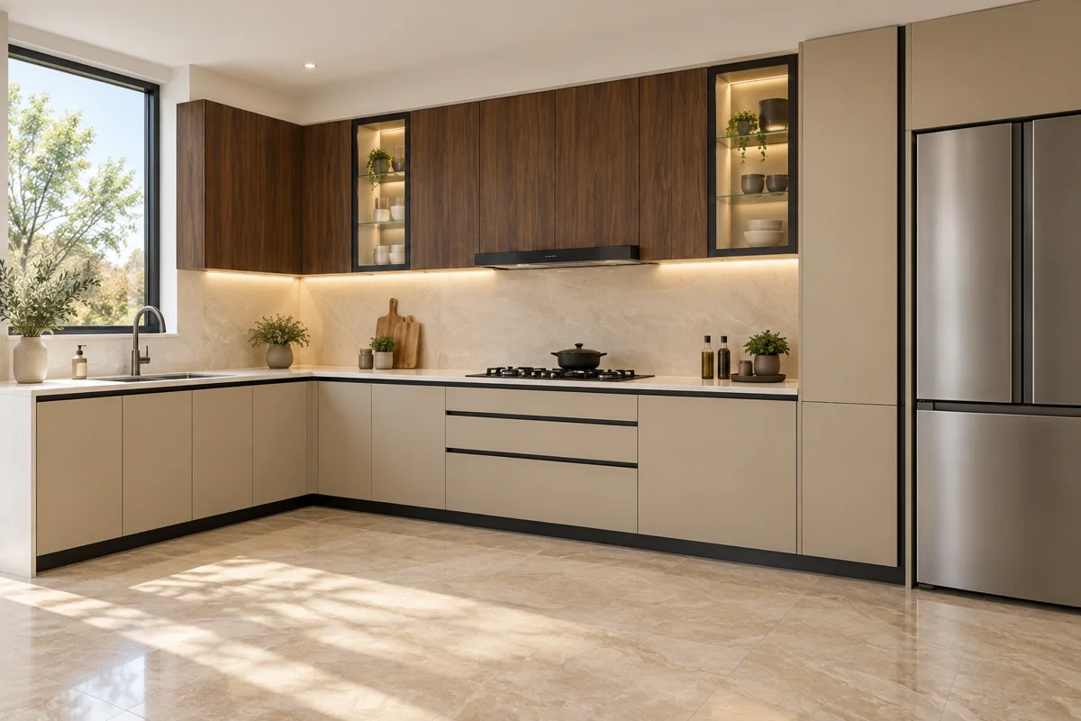 sand beige and warm dark walnut grain L-shaped steel kitchen — AI-generated concept
