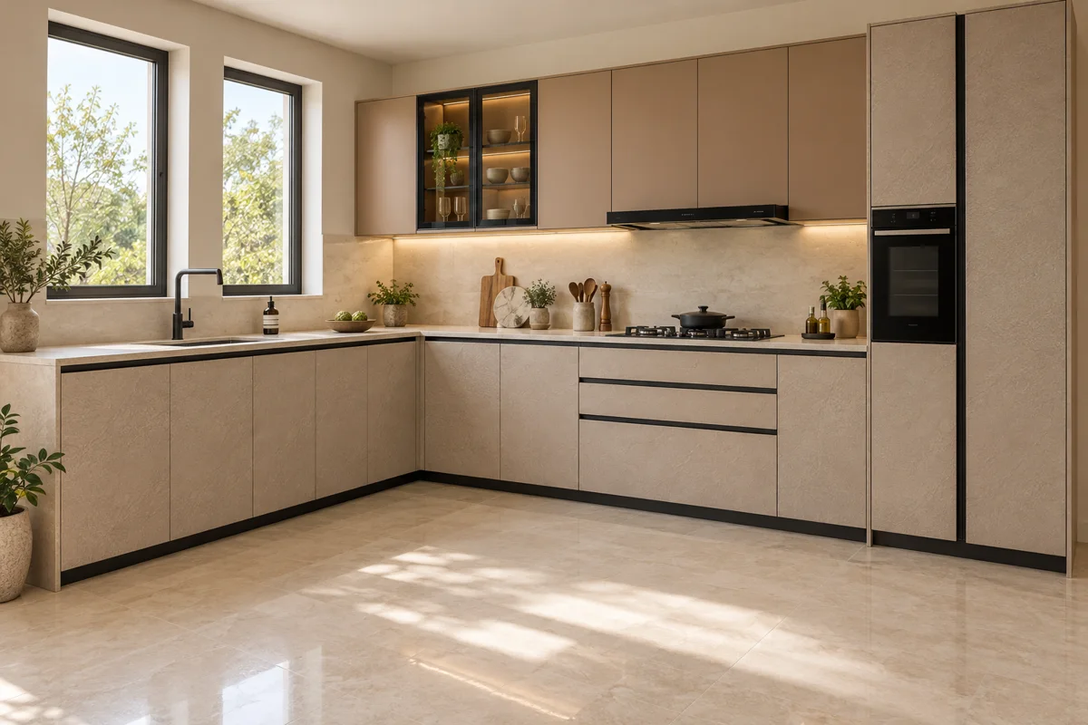 warm light beige textured stone and dusty clay L-shaped steel kitchen — AI-generated concept