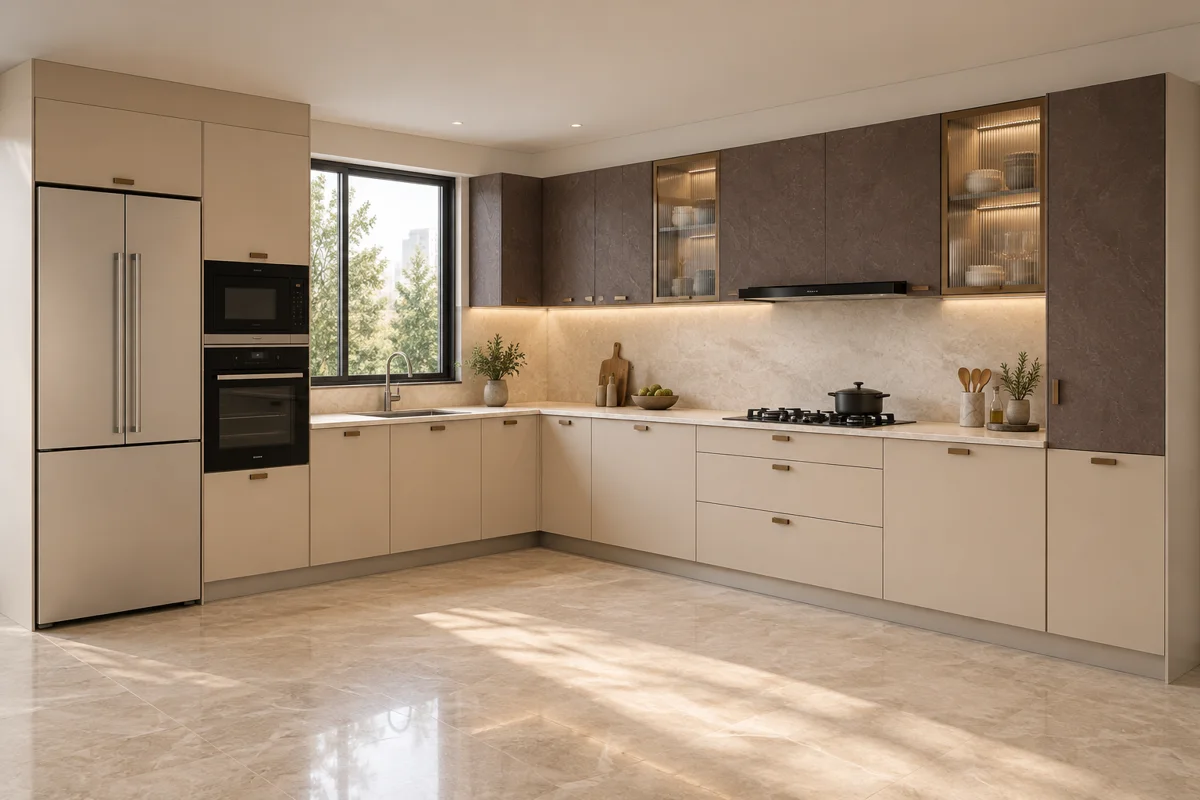 cream and deep brown textured stone L-shaped steel kitchen — AI-generated concept