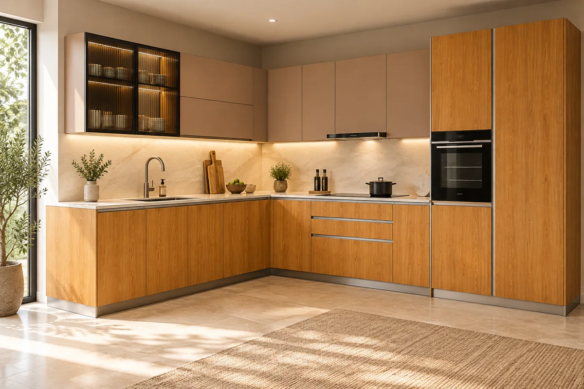 warm honey oak grain and dusty clay L-shaped steel kitchen — AI-generated concept