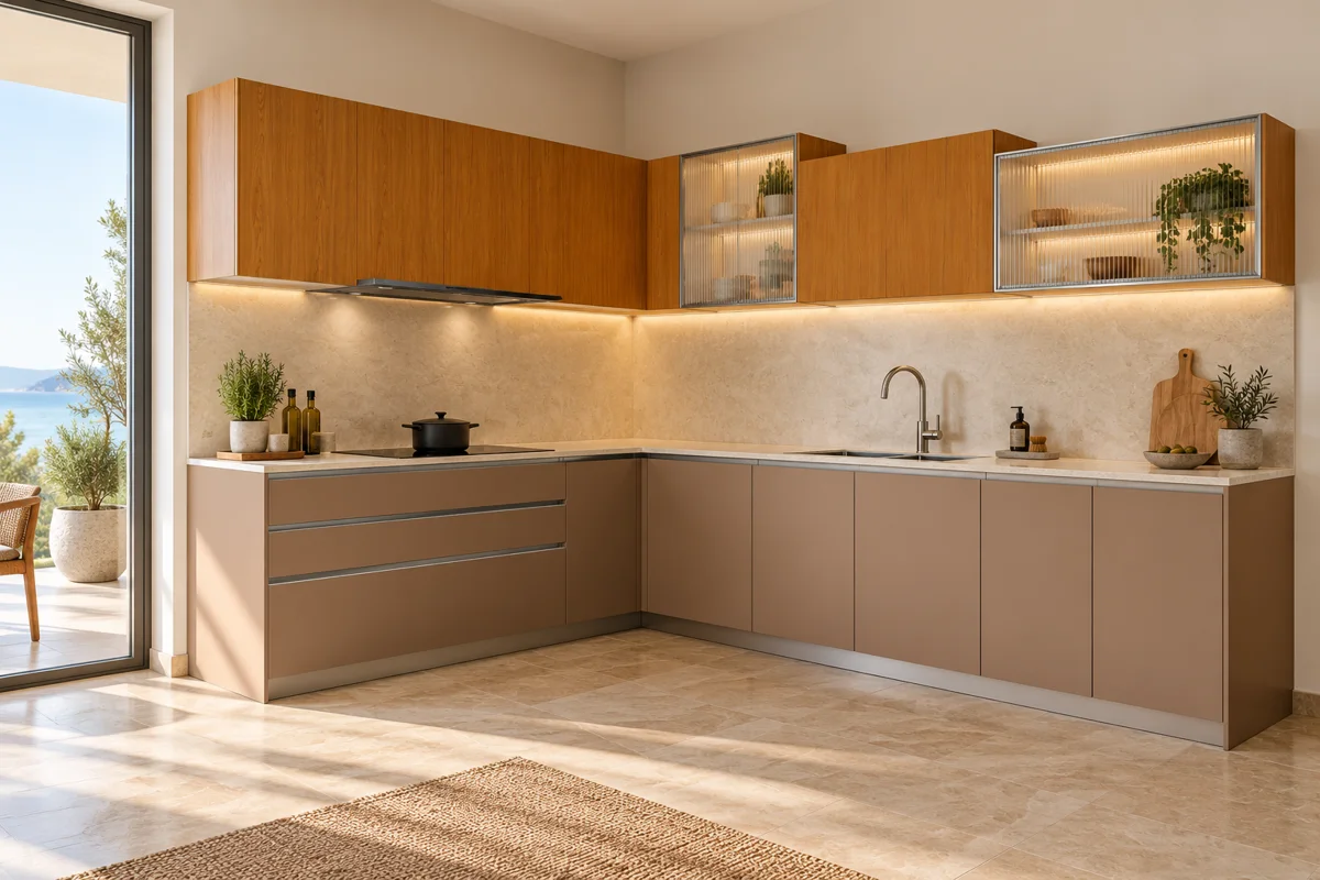 dusty clay and warm golden teak grain L-shaped steel kitchen — AI-generated concept