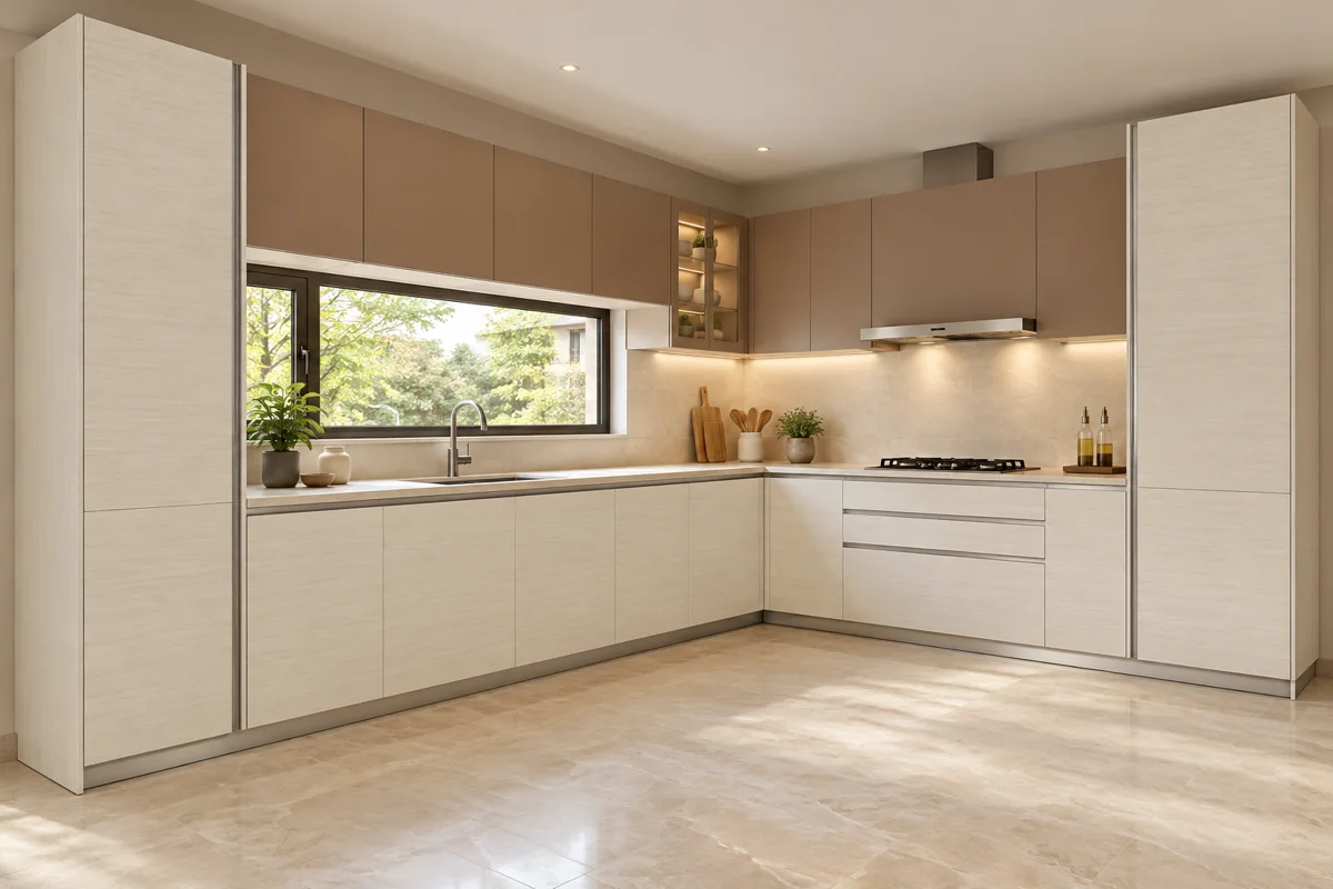 soft ivory horizontal grain and dusty clay L-shaped steel kitchen — AI-generated concept