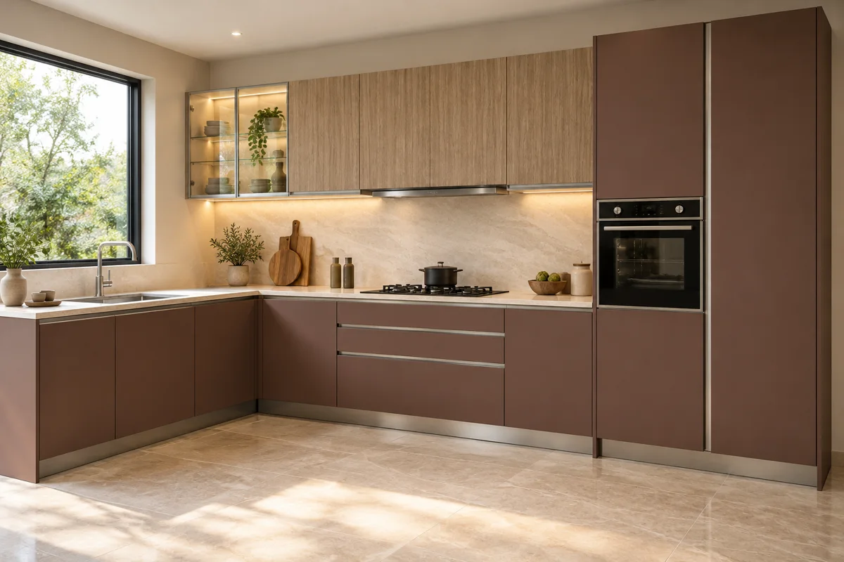 muted burgundy and warm taupe oak grain L-shaped steel kitchen — AI-generated concept