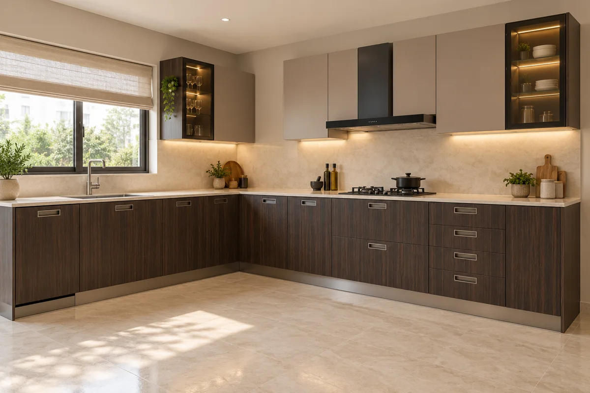 dark grey-brown vertical grain and mushroom taupe L-shaped steel kitchen — AI-generated concept
