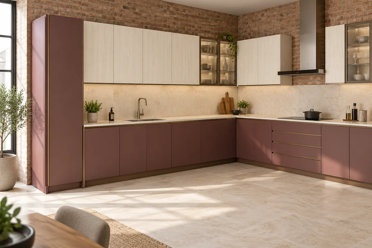 muted burgundy and pale ivory vertical woodgrain L-shaped steel kitchen — AI-generated concept