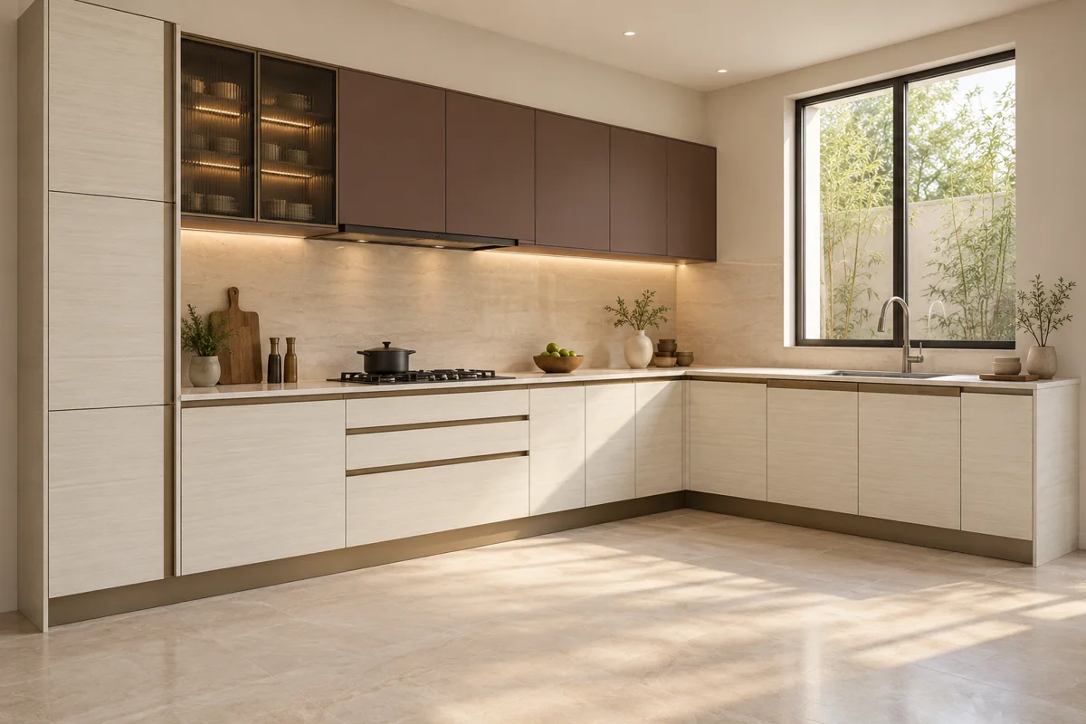 light cream horizontal grain and muted burgundy L-shaped steel kitchen — AI-generated concept