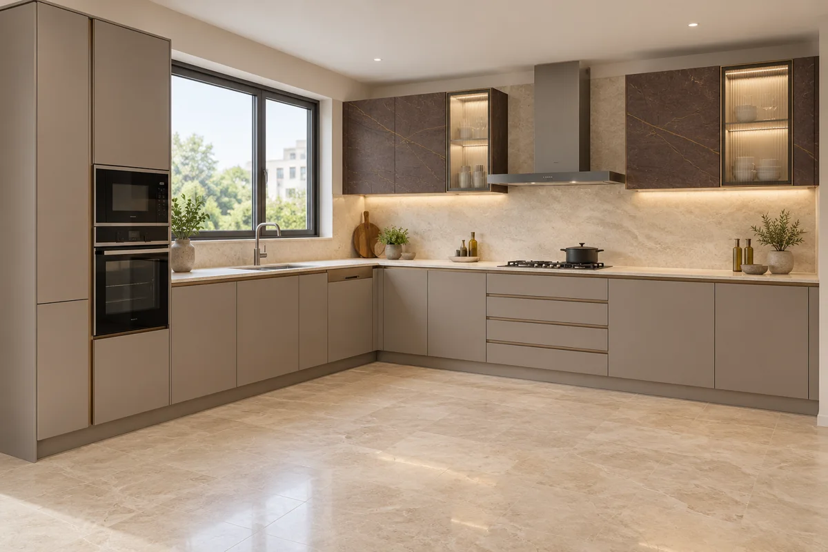 mushroom taupe and deep brown gold-veined stone L-shaped steel kitchen — AI-generated concept