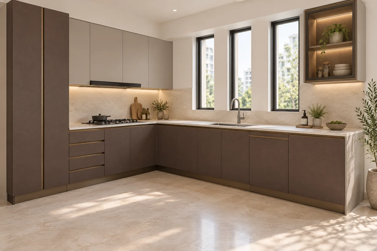 warm chocolate fine textured decor and warm greige L-shaped steel kitchen — AI-generated concept