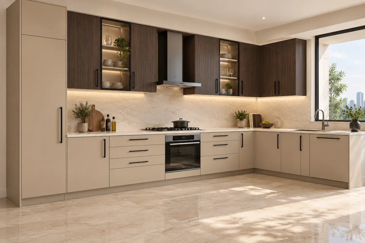 sand beige and deep chocolate vertical grain L-shaped steel kitchen — AI-generated concept