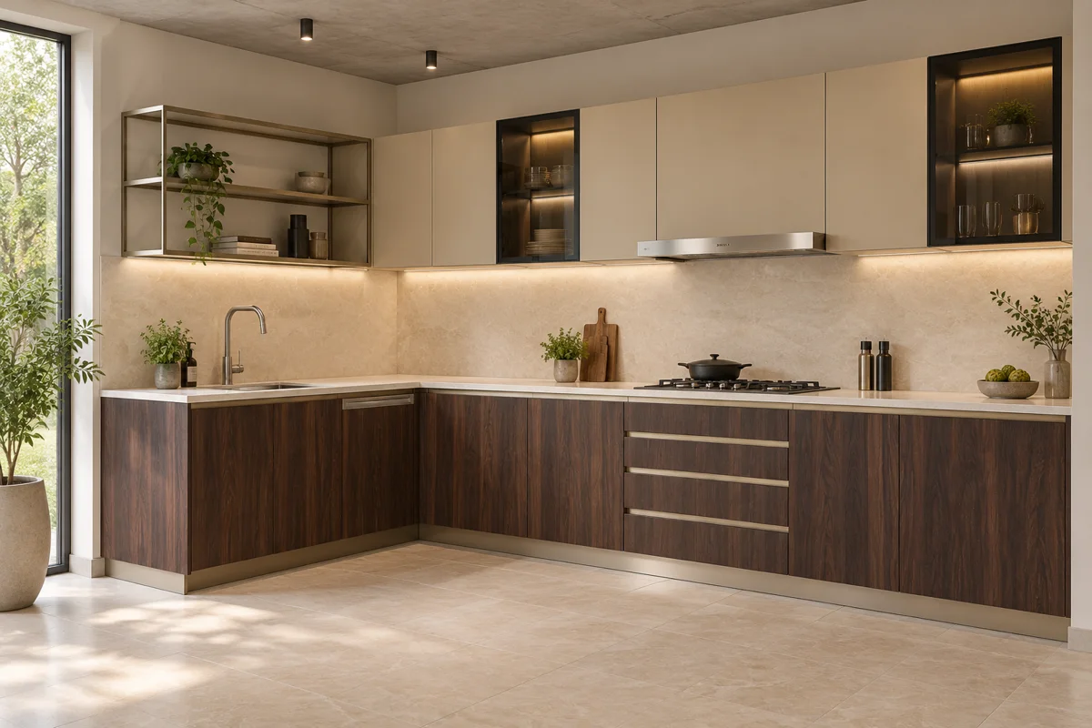 dark walnut grain and sand beige L-shaped steel kitchen — AI-generated concept