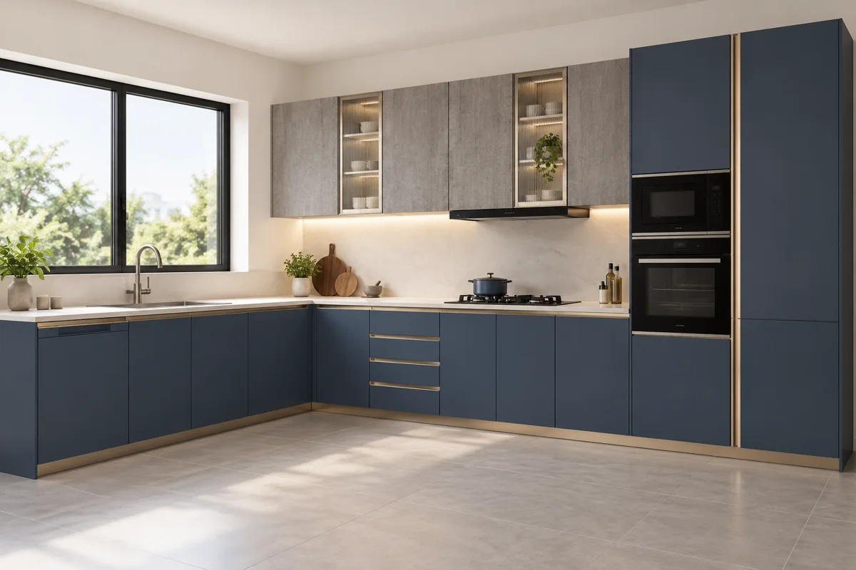 dusty navy and grey linear woodgrain L-shaped steel kitchen — AI-generated concept