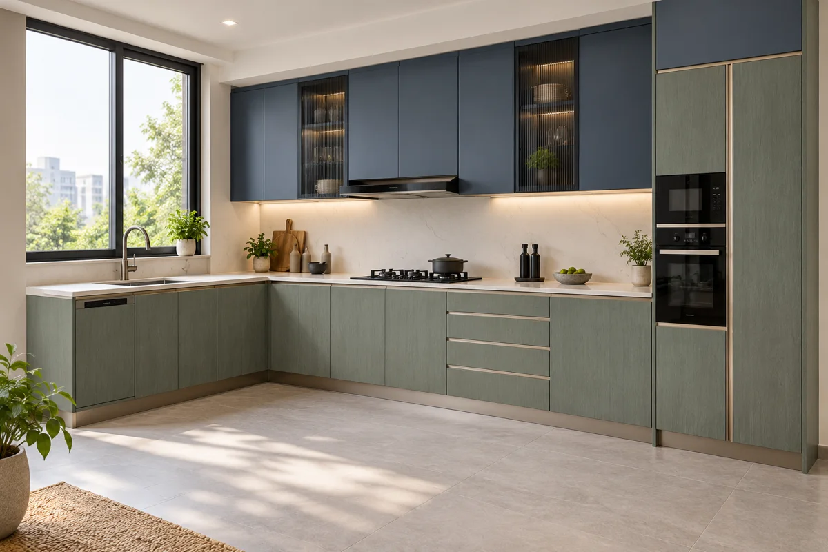 grey sage fine grain and dusty navy L-shaped steel kitchen — AI-generated concept