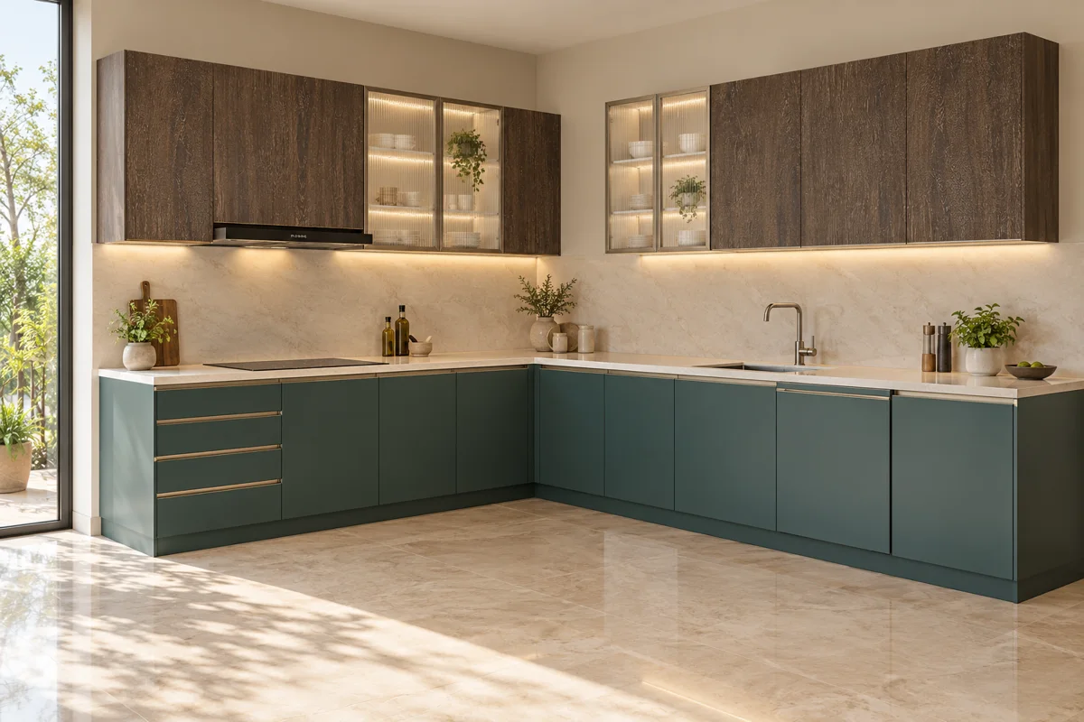 forest green and medium taupe rough woodgrain L-shaped steel kitchen — AI-generated concept