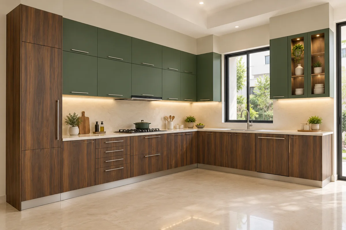warm medium brown woodgrain and forest green L-shaped steel kitchen — AI-generated concept