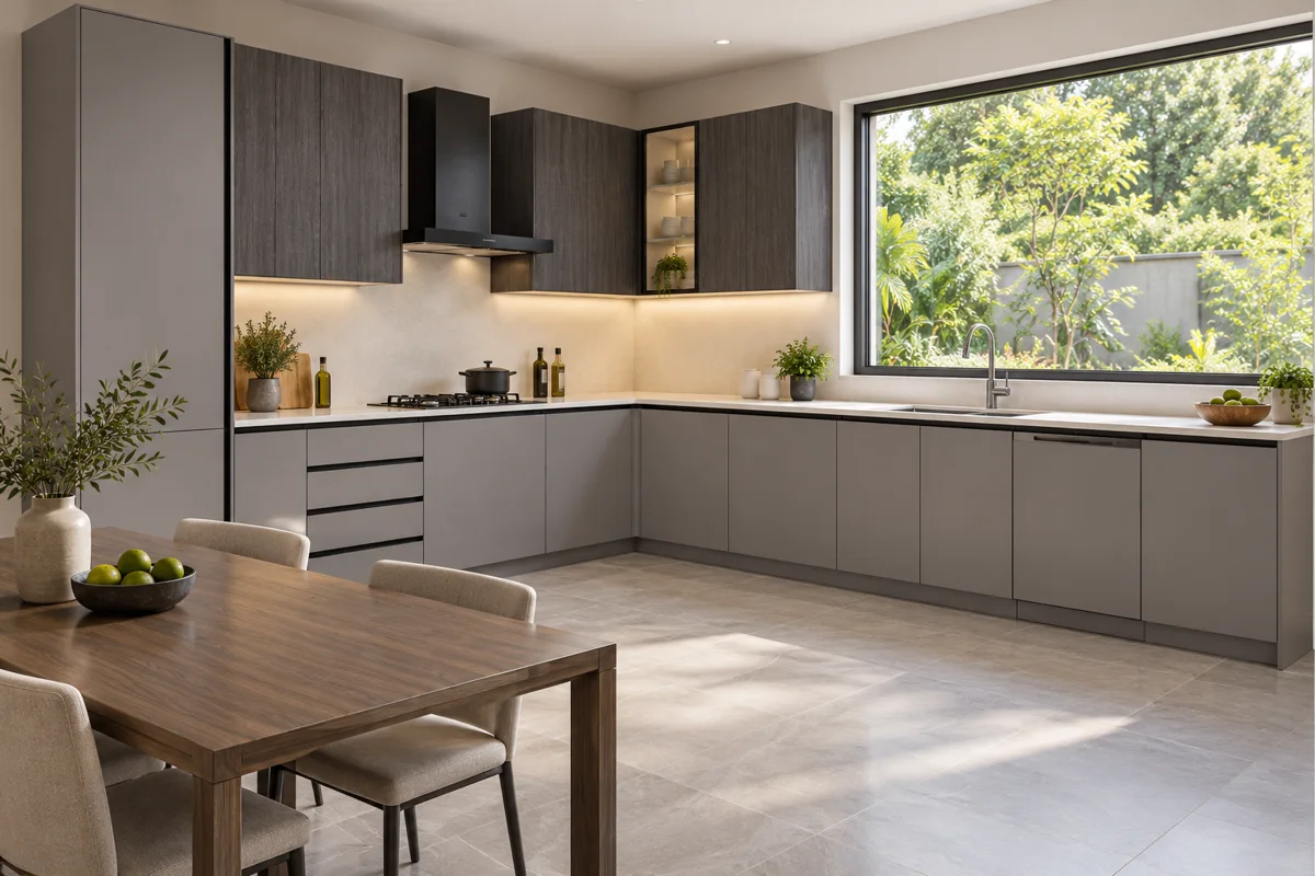stone grey and graphite subtle woodgrain L-shaped steel kitchen — AI-generated concept