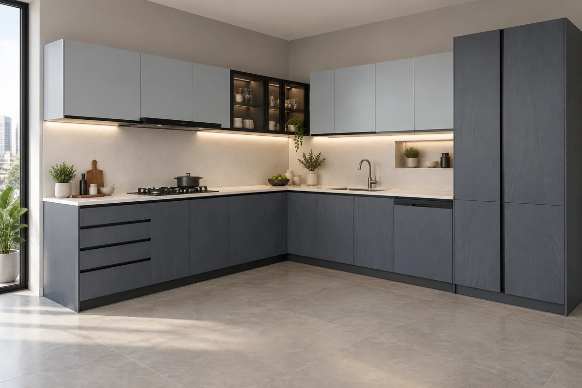 slate blue fine grain and pale blue-grey L-shaped steel kitchen — AI-generated concept