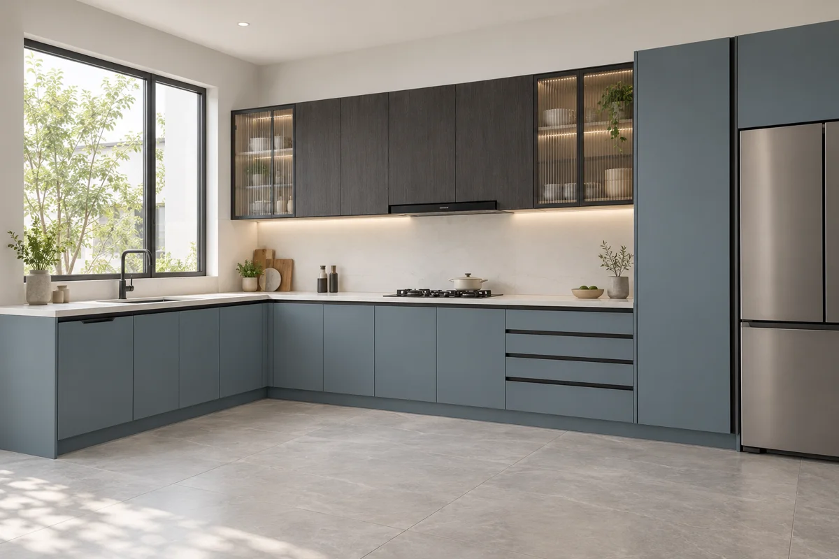 slate blue and charcoal fine grain L-shaped steel kitchen — AI-generated concept