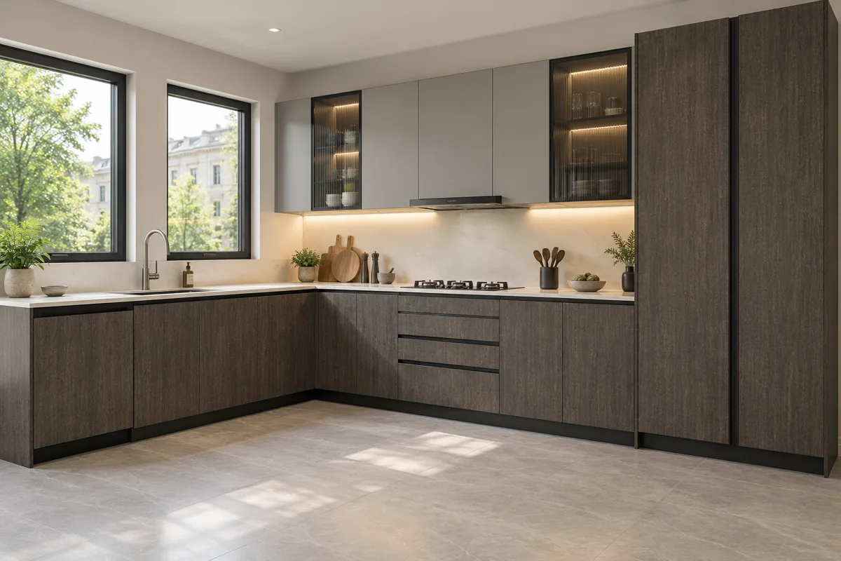 charcoal fine wood grain and stone grey L-shaped steel kitchen — AI-generated concept