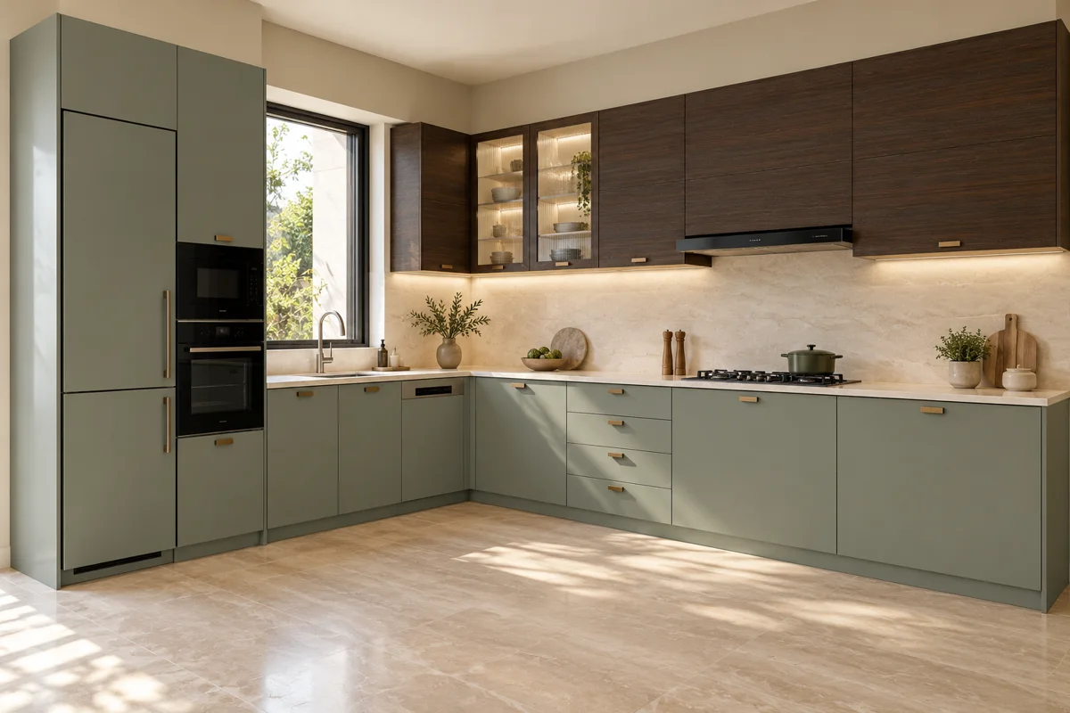 muted sage and dark brown horizontal grain L-shaped steel kitchen — AI-generated concept