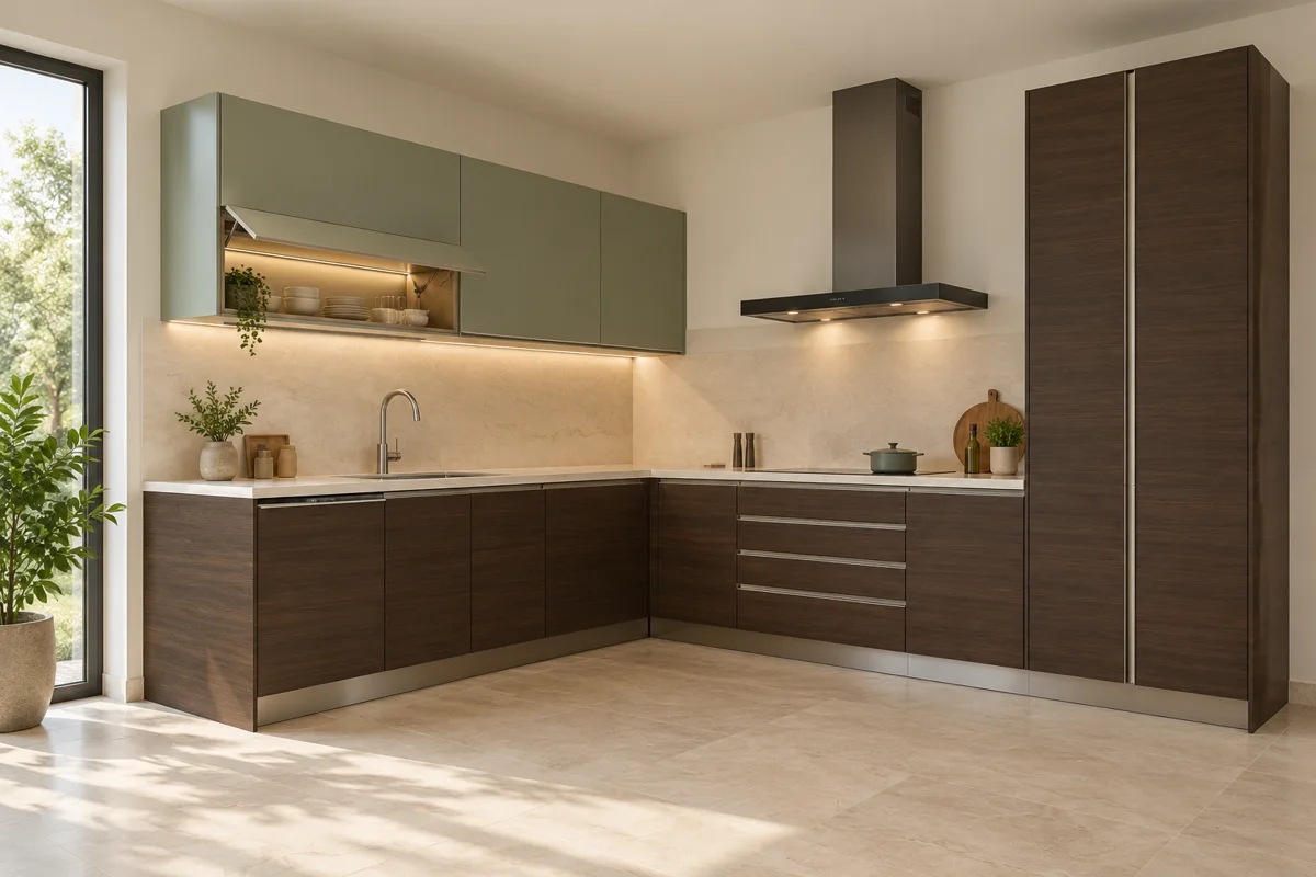 dark chocolate horizontal grain and muted sage L-shaped steel kitchen — AI-generated concept