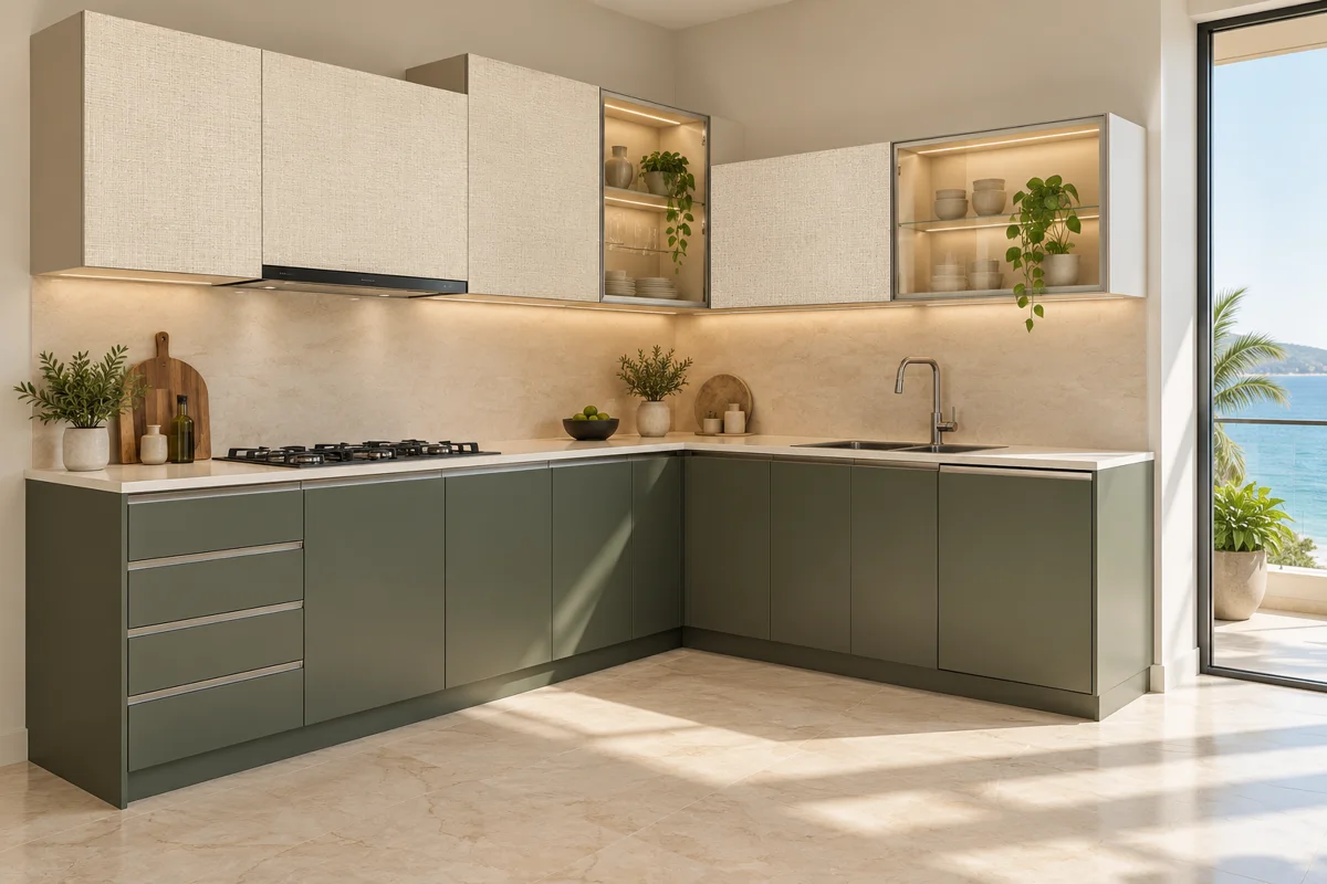 deep olive and cream woven decor L-shaped steel kitchen — AI-generated concept