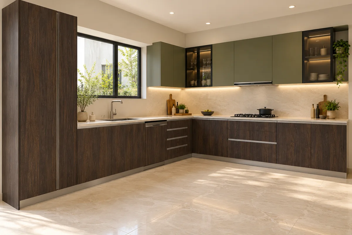 dark chocolate rough woodgrain and deep olive L-shaped steel kitchen — AI-generated concept