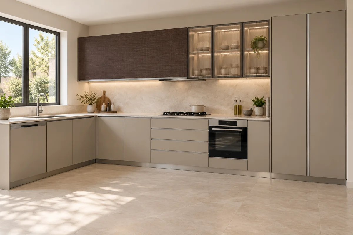 warm greige and dark chocolate woven decor L-shaped steel kitchen — AI-generated concept