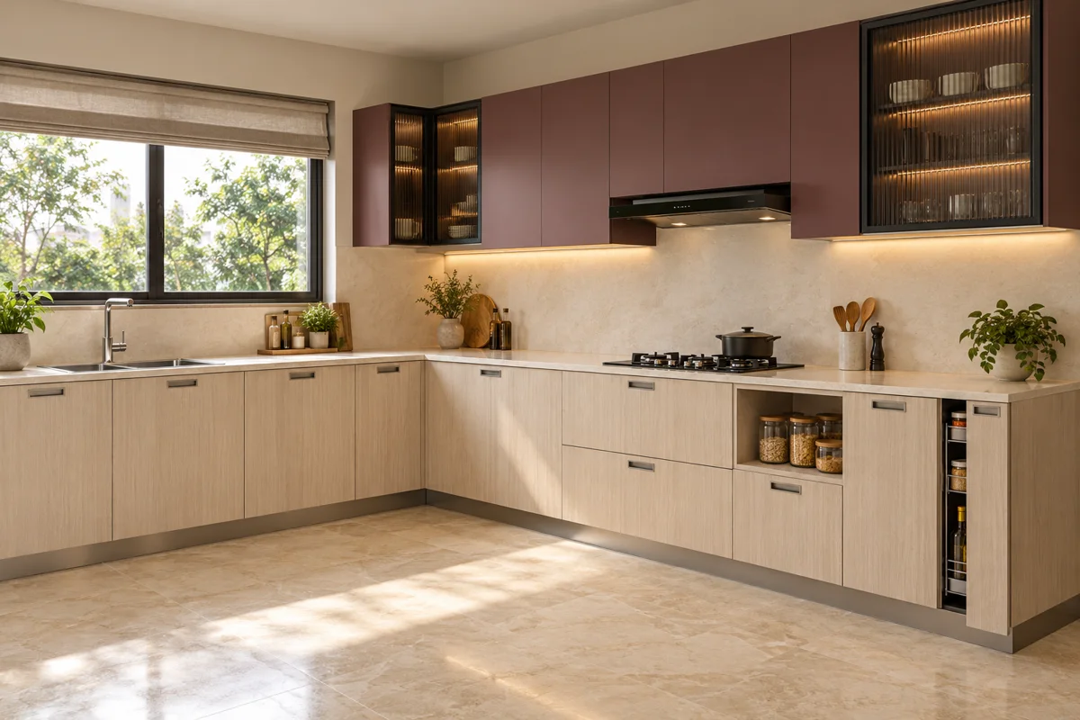 pale warm ash grain and muted burgundy L-shaped steel kitchen — AI-generated concept