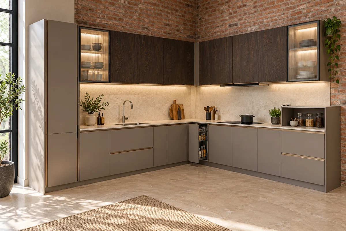 cocoa taupe and dark brown coarse timber grain L-shaped steel kitchen — AI-generated concept