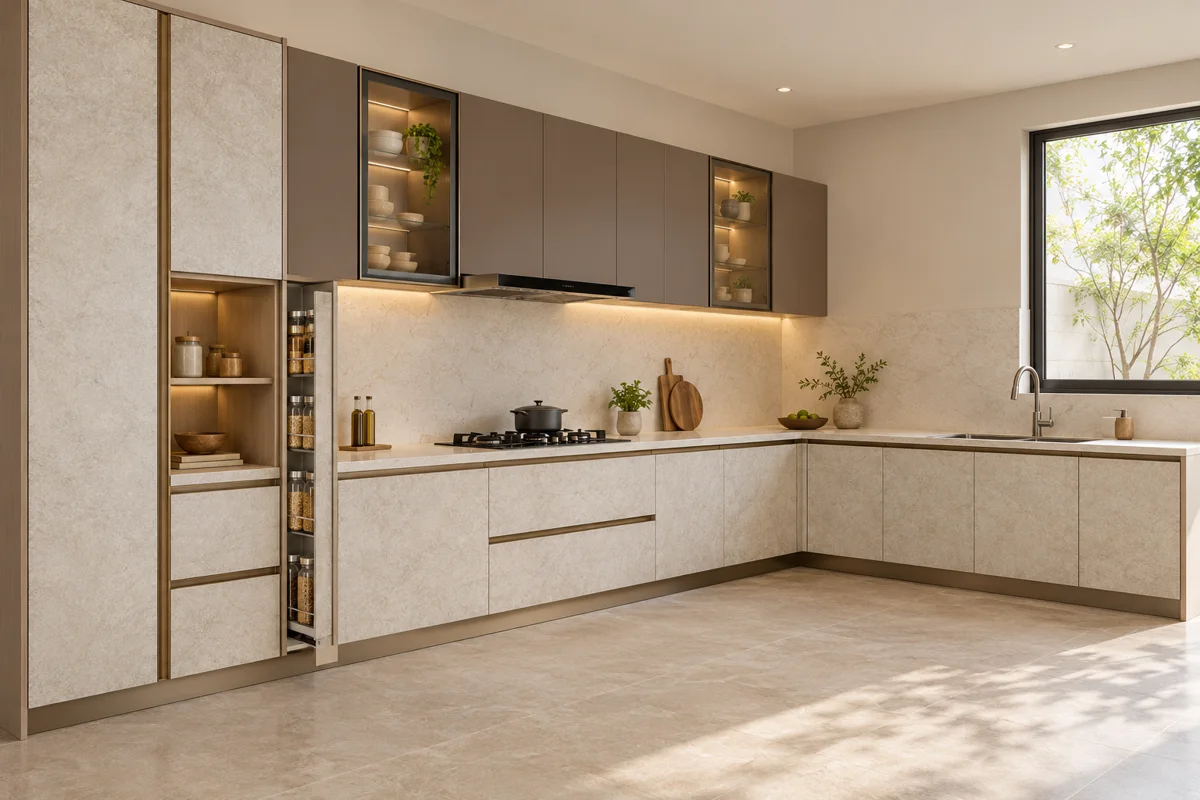 light ivory stone and cocoa taupe L-shaped steel kitchen — AI-generated concept