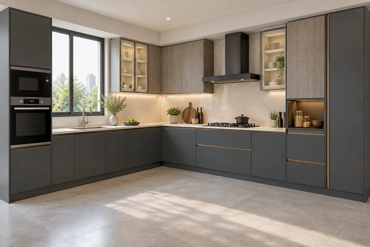 graphite and grey oak grain L-shaped steel kitchen — AI-generated concept