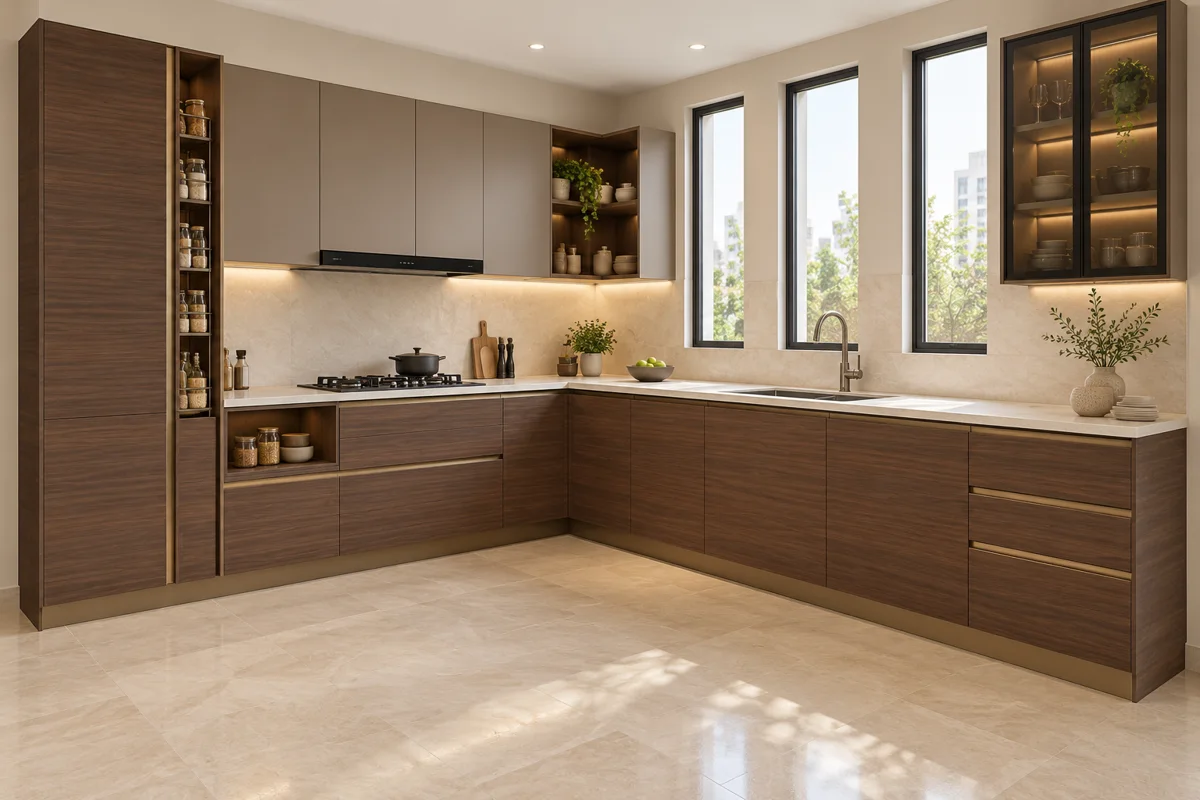 medium walnut horizontal grain and cocoa taupe L-shaped steel kitchen — AI-generated concept