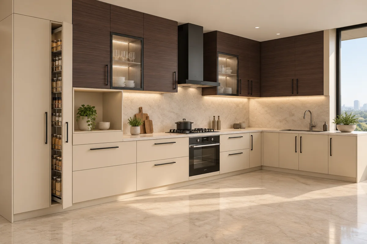 cream and deep walnut horizontal grain L-shaped steel kitchen — AI-generated concept