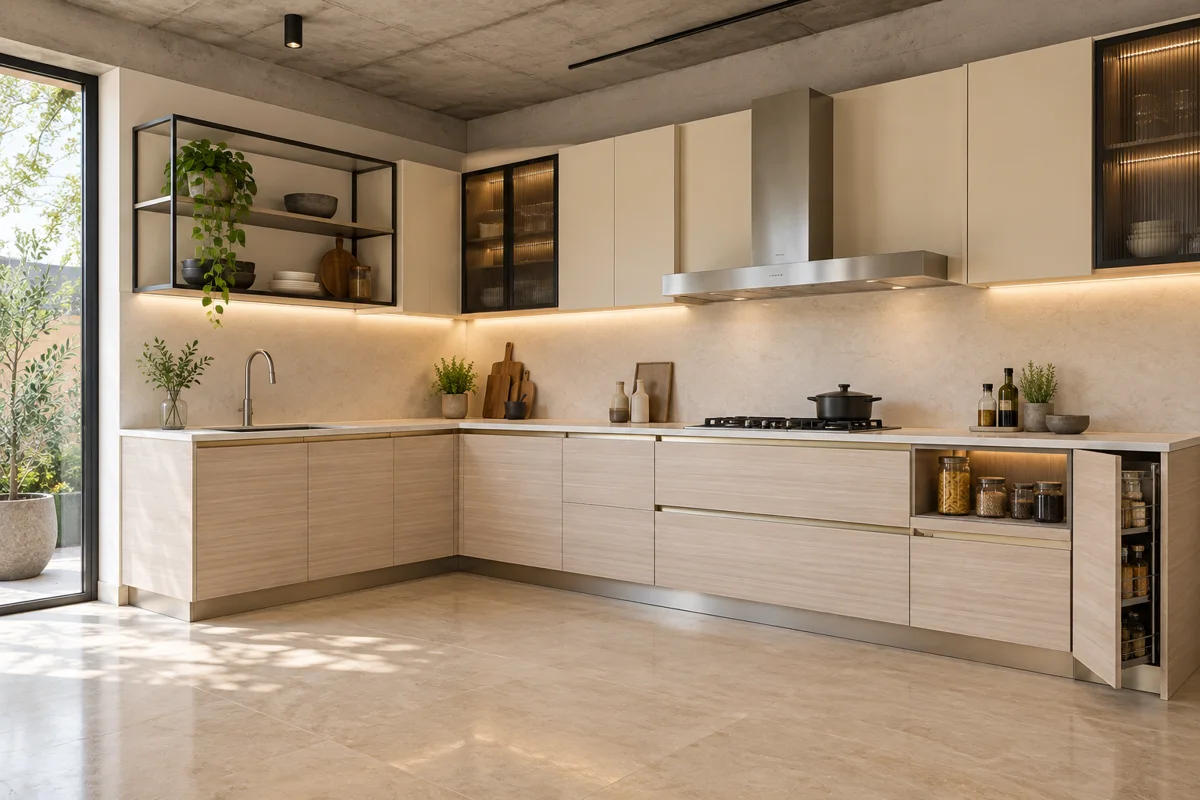 light cream horizontal grain and cream L-shaped steel kitchen — AI-generated concept