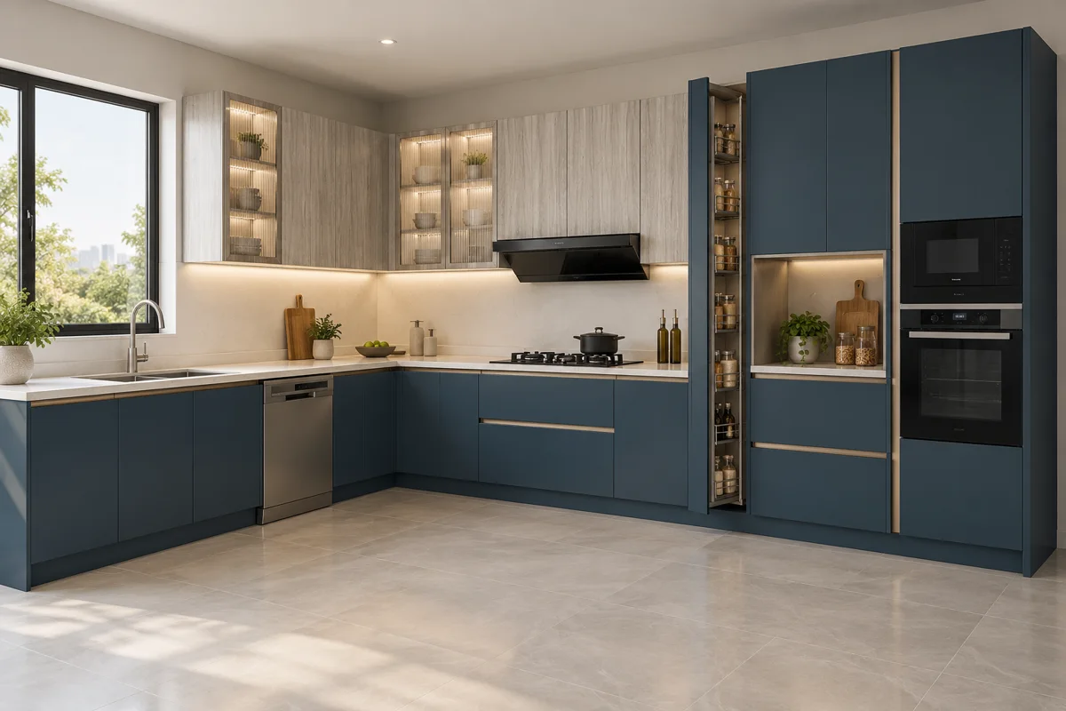 dusty navy and pale grey washed woodgrain L-shaped steel kitchen — AI-generated concept
