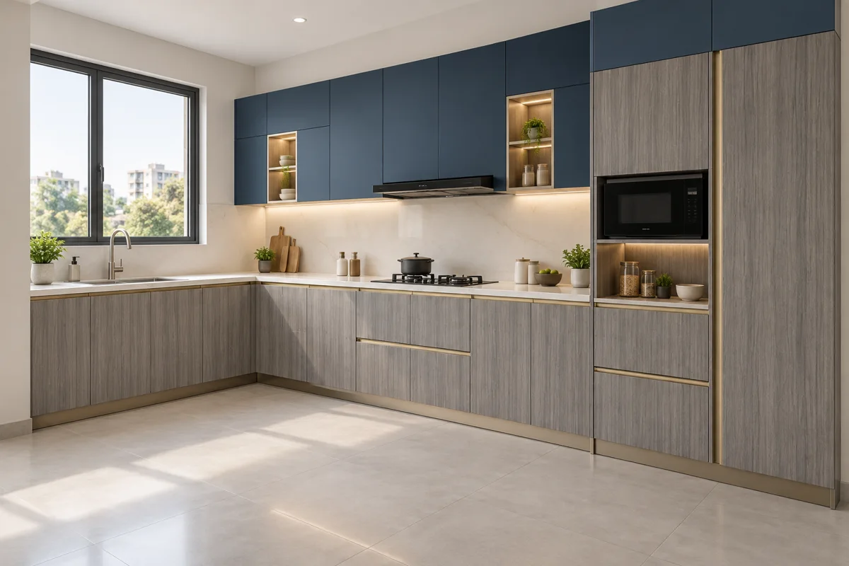 silver grey vertical woodgrain and dusty navy L-shaped steel kitchen — AI-generated concept