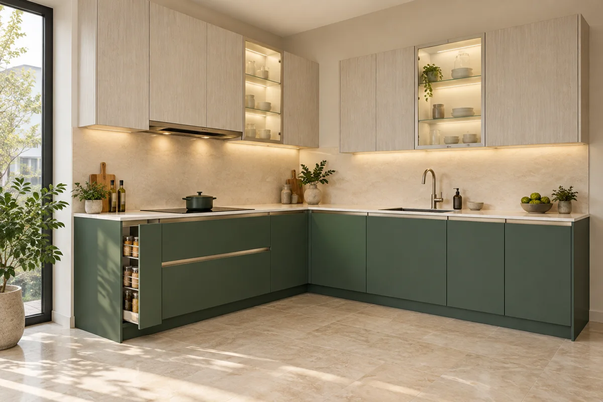 forest green and light greige fine grain L-shaped steel kitchen — AI-generated concept