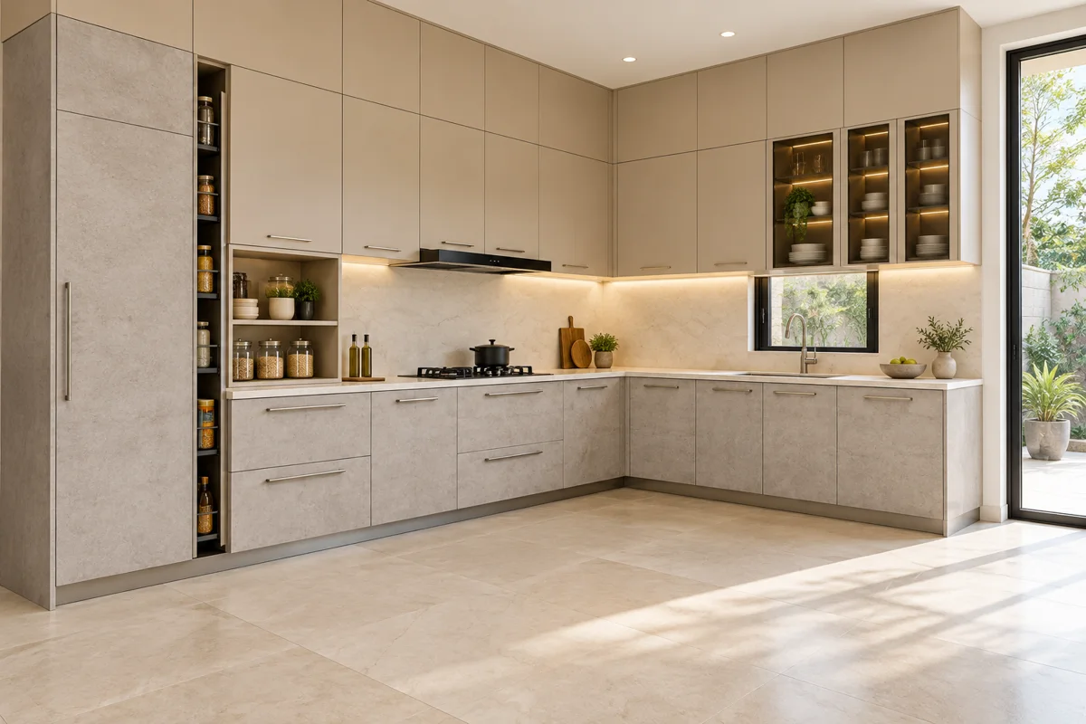 light warm concrete and sand beige L-shaped steel kitchen — AI-generated concept