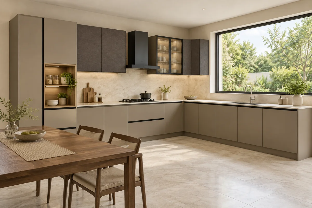 mushroom taupe and dark taupe stone L-shaped steel kitchen — AI-generated concept
