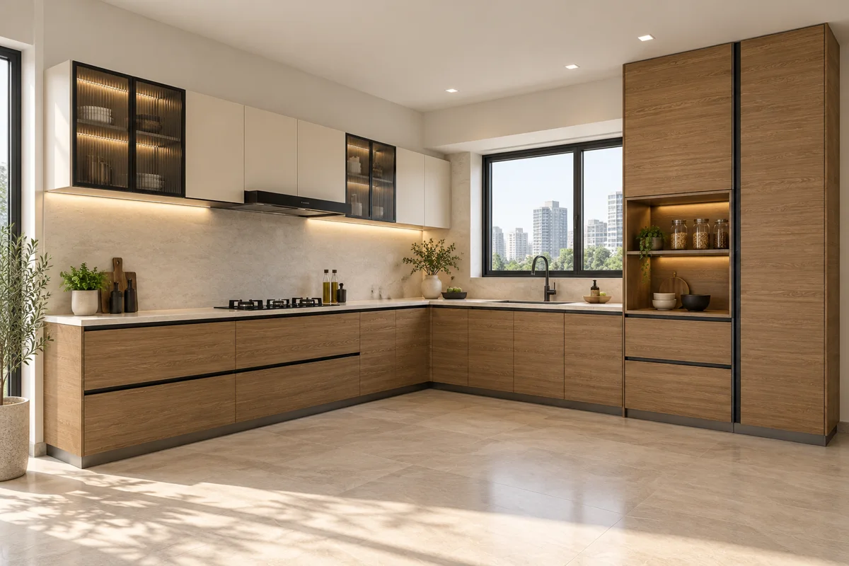 golden oak horizontal grain and warm ivory L-shaped steel kitchen — AI-generated concept