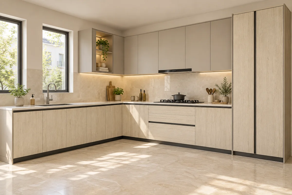 pale cream oak grain and warm greige L-shaped steel kitchen — AI-generated concept