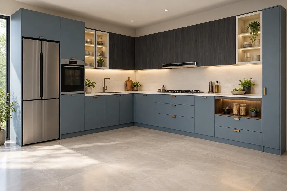 slate blue and charcoal vertical fine grain appliance-tower L-shaped steel kitchen — AI-generated concept