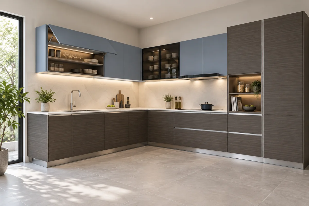 dark grey horizontal woodgrain and slate blue L-shaped steel kitchen — AI-generated concept