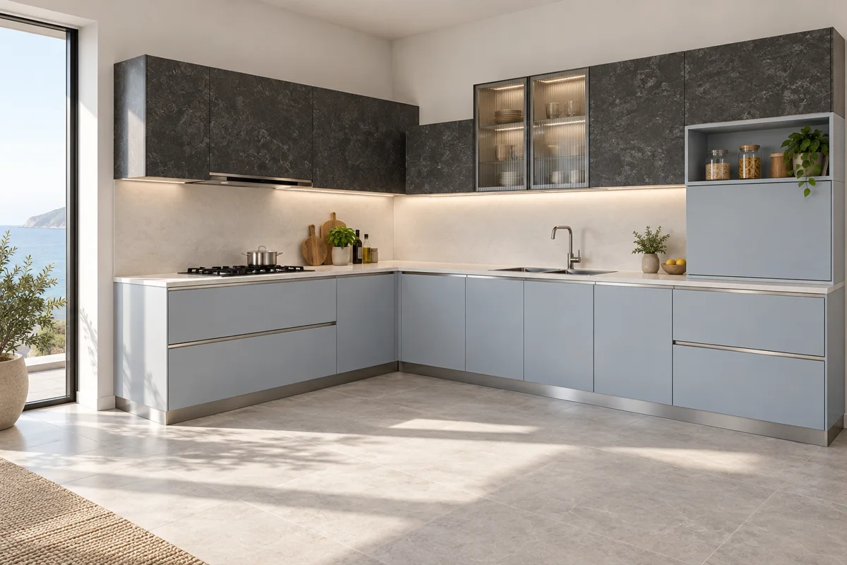 pale blue-grey and dark charcoal stone L-shaped steel kitchen — AI-generated concept