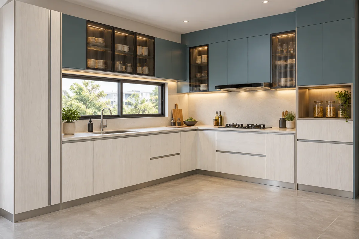 soft white fine grain and muted teal L-shaped steel kitchen — AI-generated concept